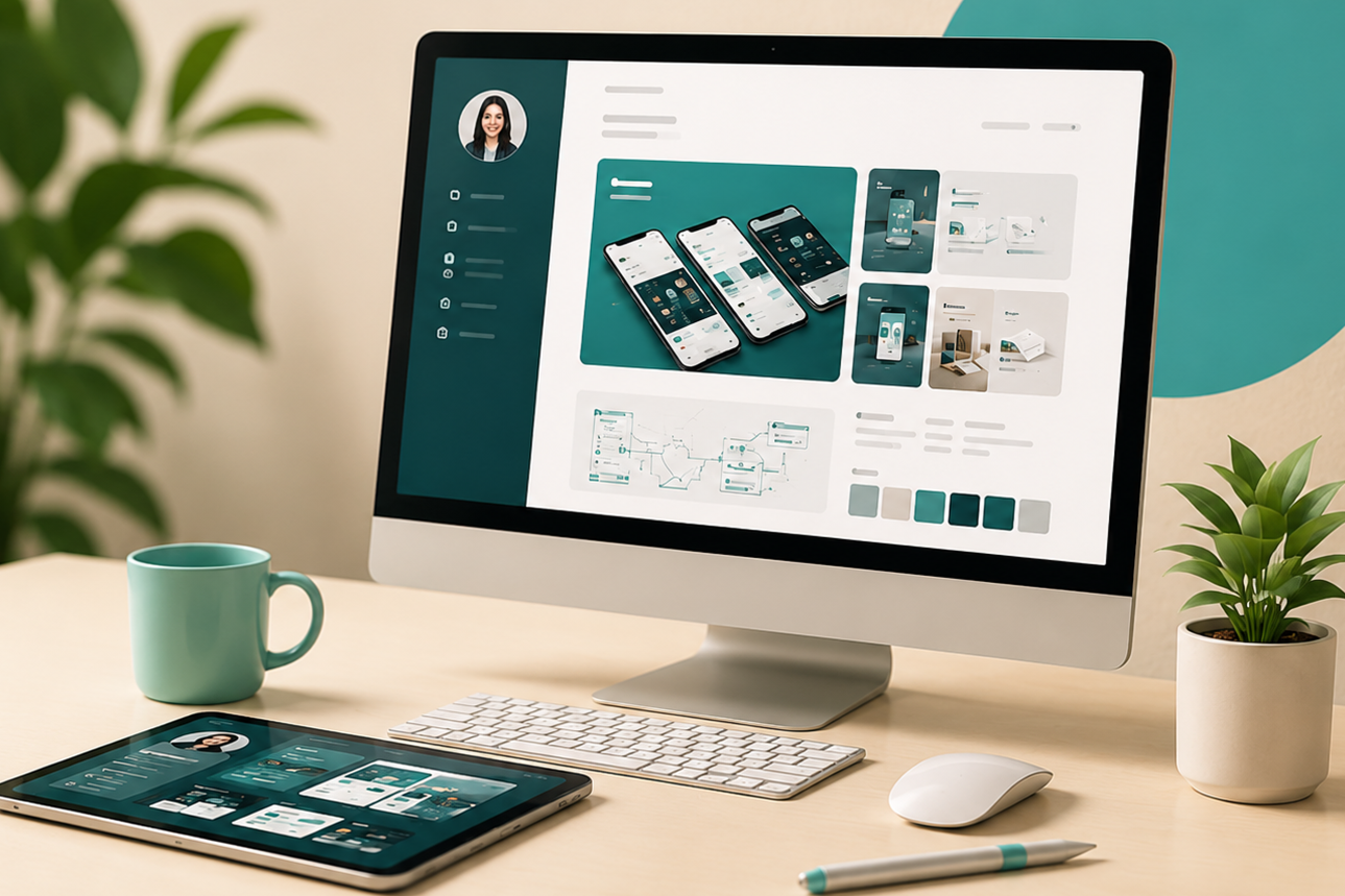 Multi-screen design workspace showing portfolio and UI designs