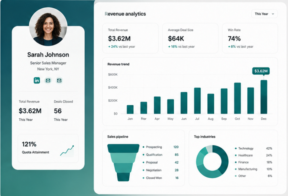 Sales pipeline dashboard showing activities, performance metrics, and deal values