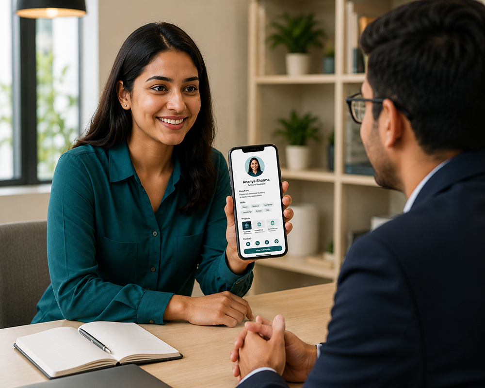 Job seeker sharing their digital identity profile with a recruiter on a smartphone