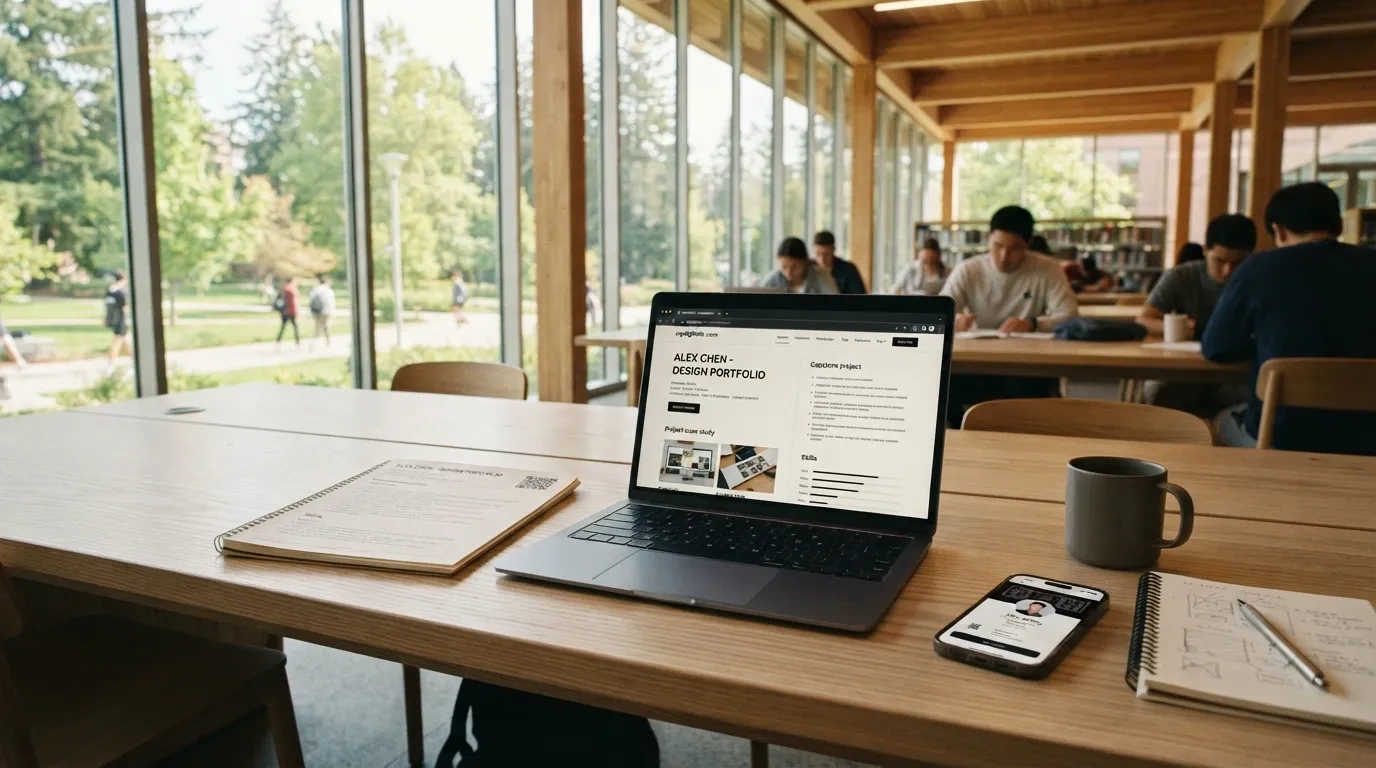 A university student working in a sunlit architectural campus library with a laptop showing a project portfolio and a printed single-column resume on the table.