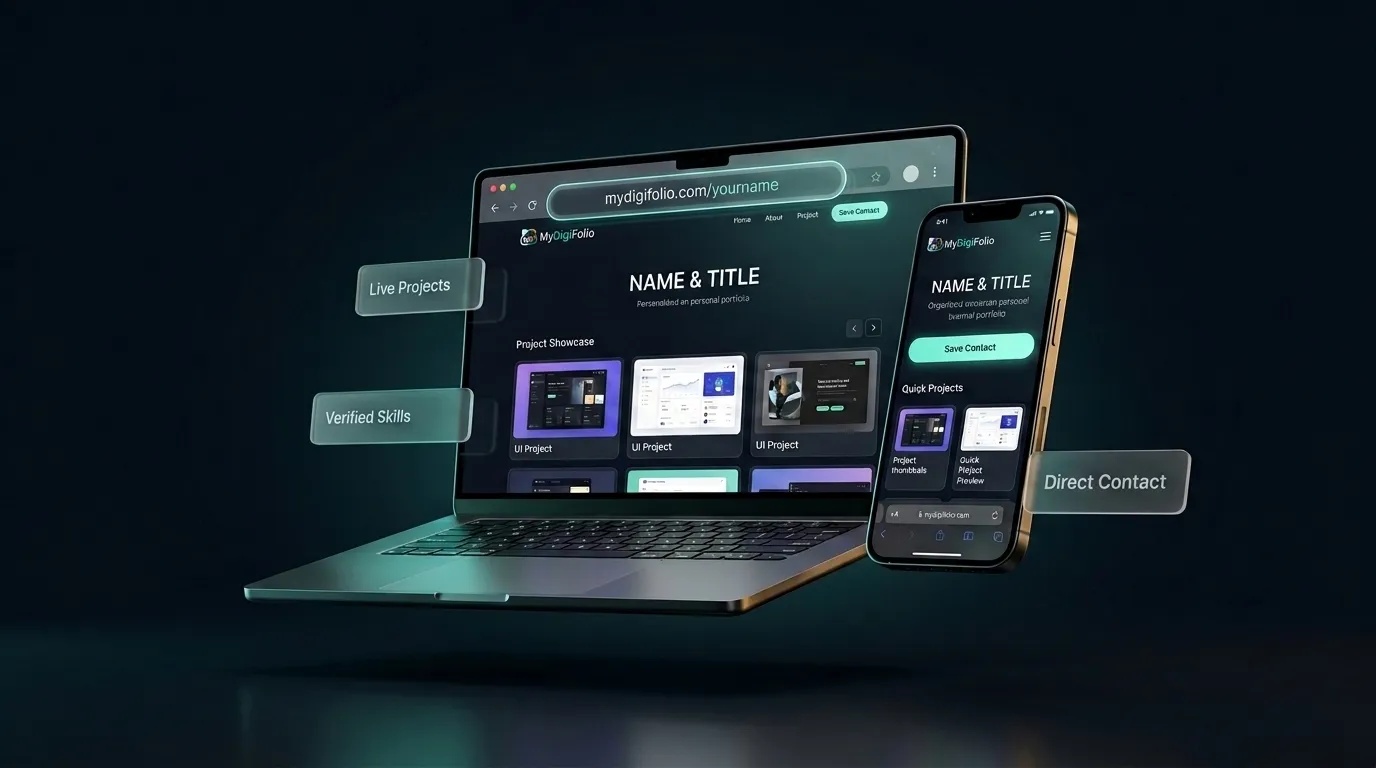 A laptop and smartphone displaying a responsive personal portfolio website with project case studies and contact details.
