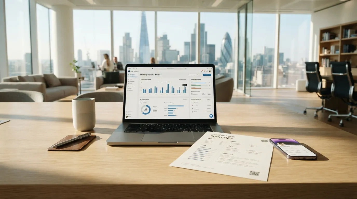 An editorial view of a modern executive workspace featuring an open laptop displaying candidate skill analytics beside a printed, verified career profile.