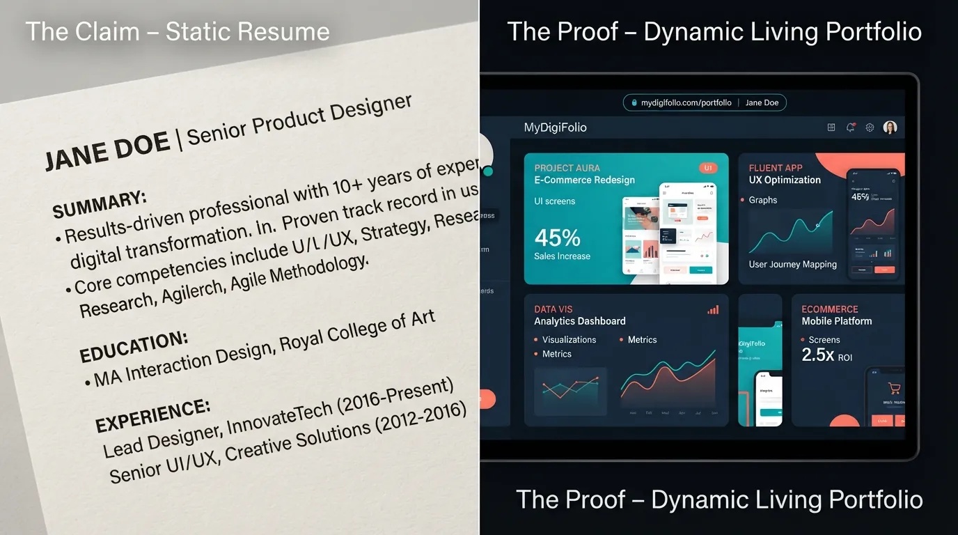 An open laptop displaying an interactive project portfolio website alongside a smartphone showing a digital contact card and a clean resume sheet.