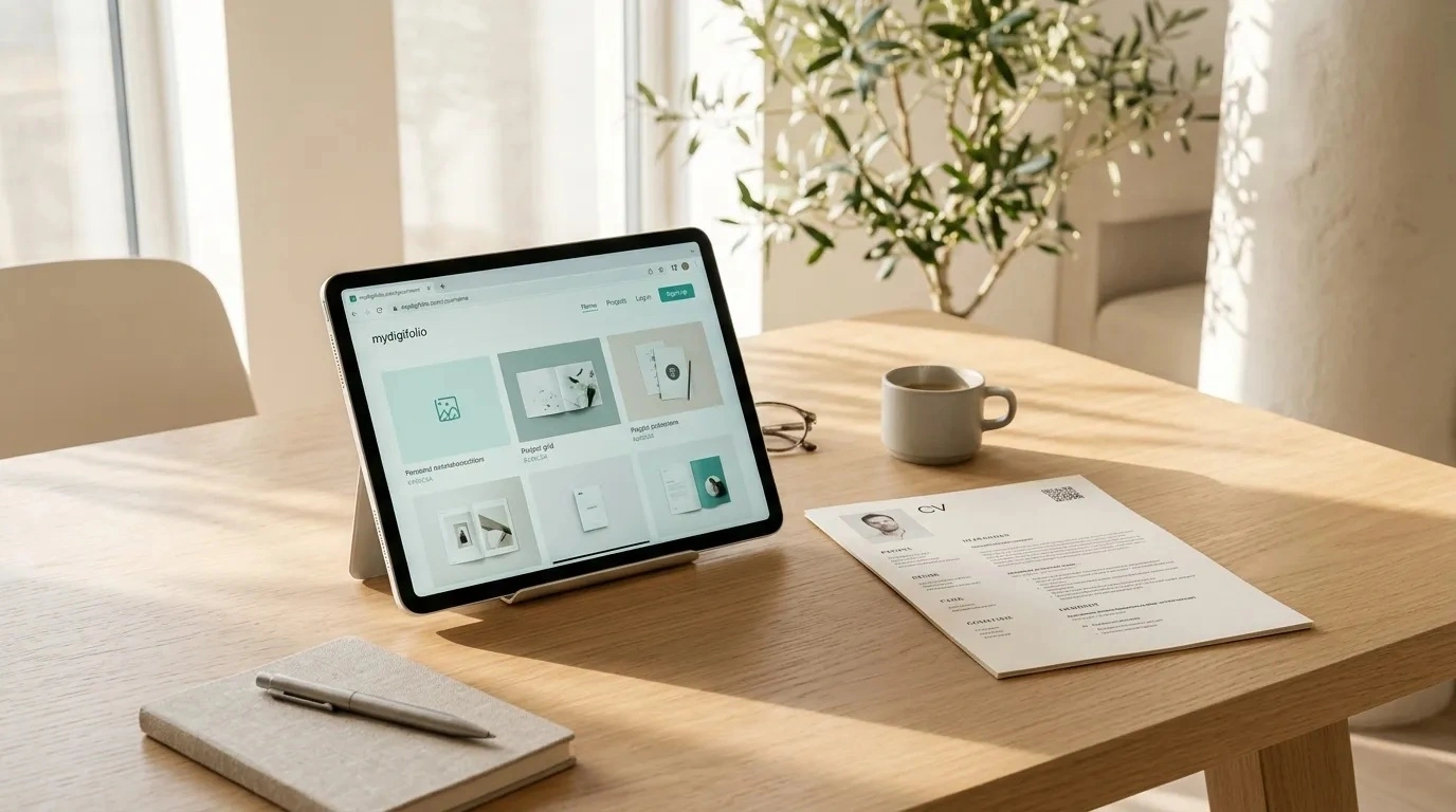 A daylight studio desk setting with an open tablet showing a personal portfolio website and a printed CV sheet.