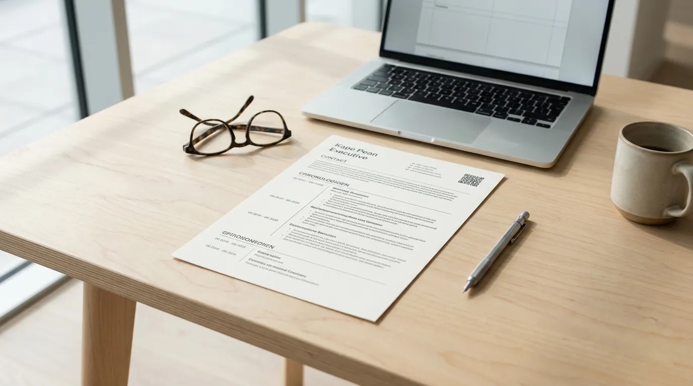 A clean, single-column printed ATS resume lying on a modern workspace desk beside a laptop showing resume formatting guidelines.