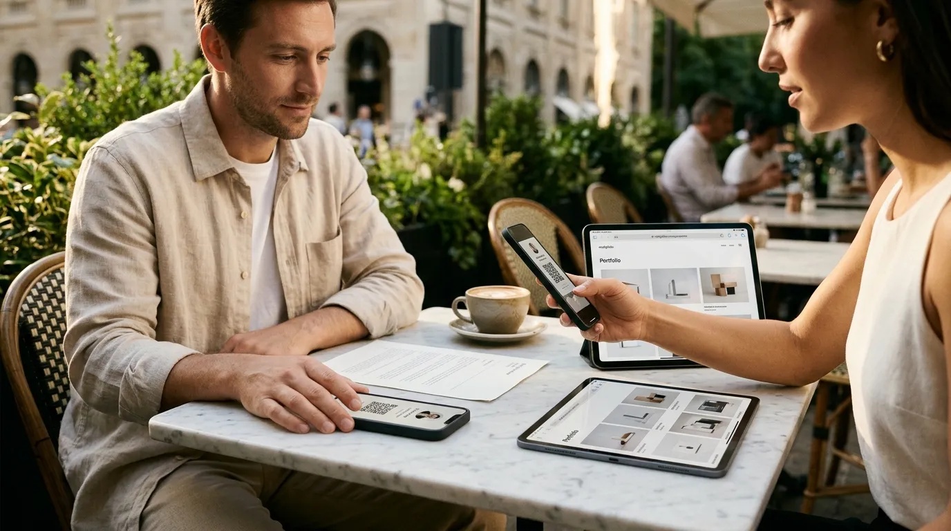 An organized modern workspace showing a printed CV, a tablet displaying a web portfolio, a phone with a digital contact card, and a laptop with an email signature.