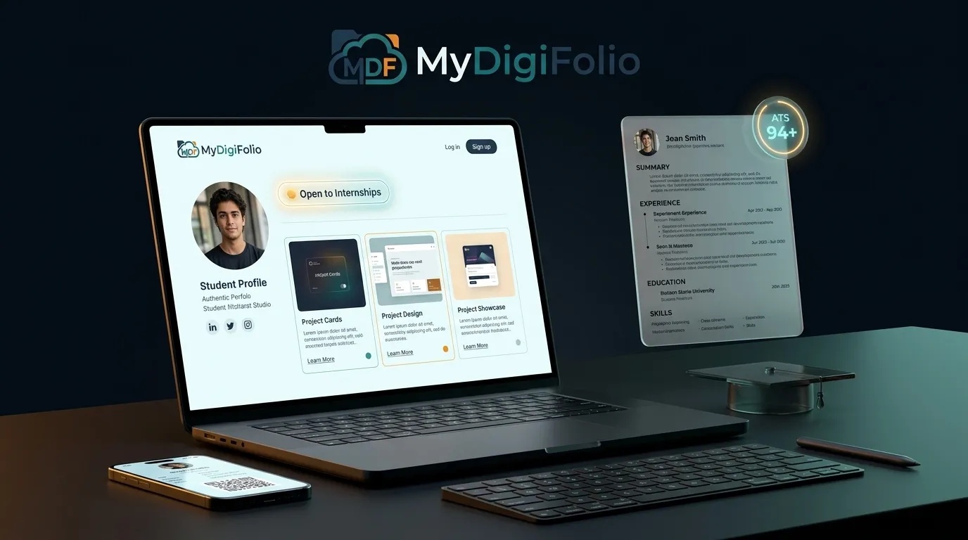 Digital student portfolio, resume, and contact card shown across a laptop and smartphone.