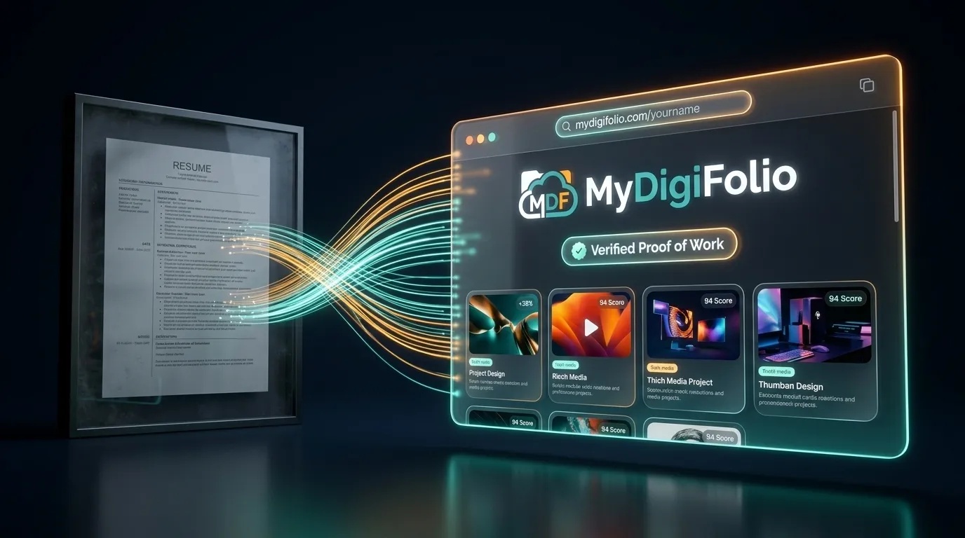 A laptop screen displaying a professional digital portfolio website with project case studies and a live personal link.
