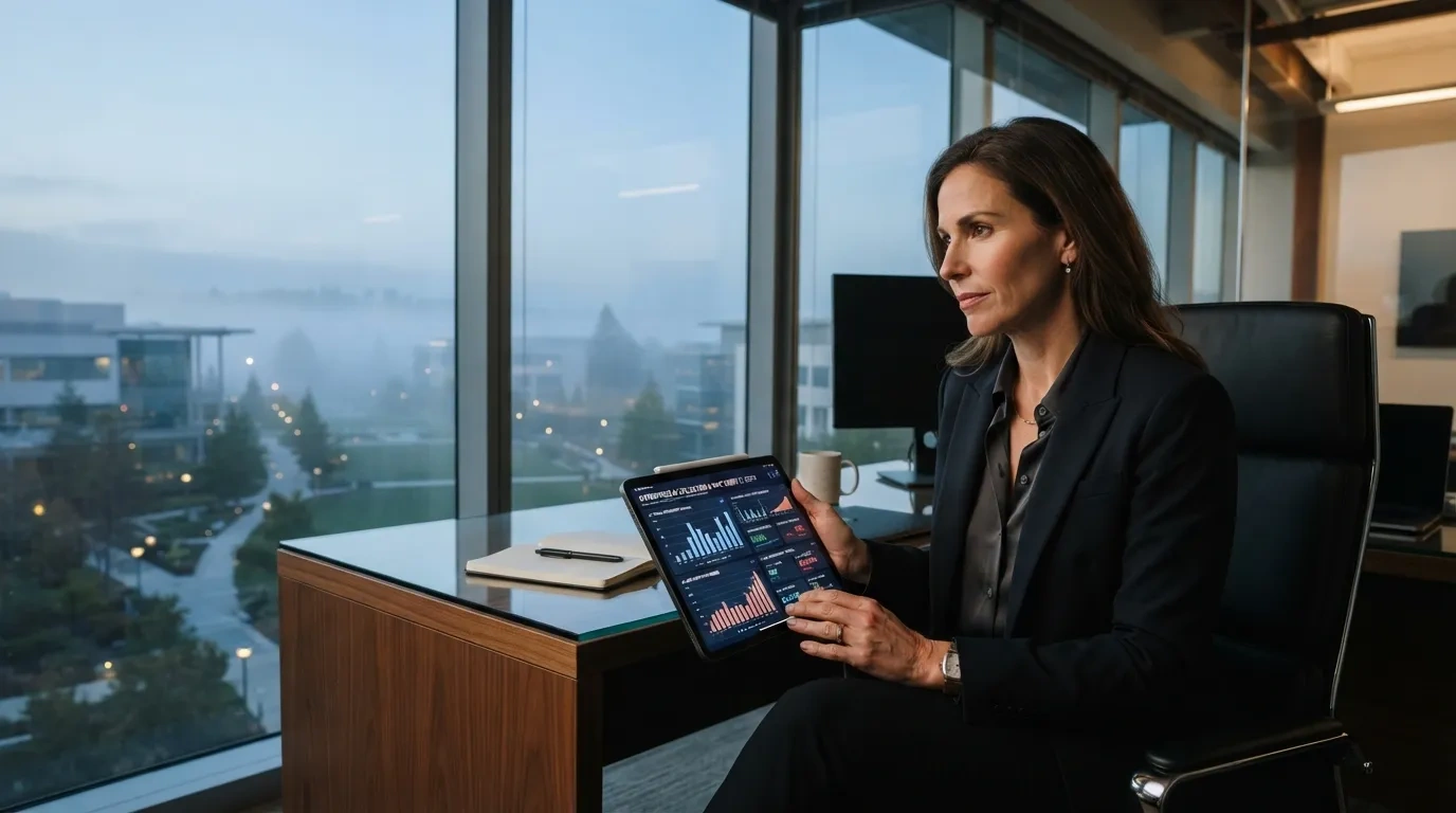 A Chief Information Officer in a modern technology office reviewing corporate IT expenditure dashboards showing rising AI token utilization metrics.