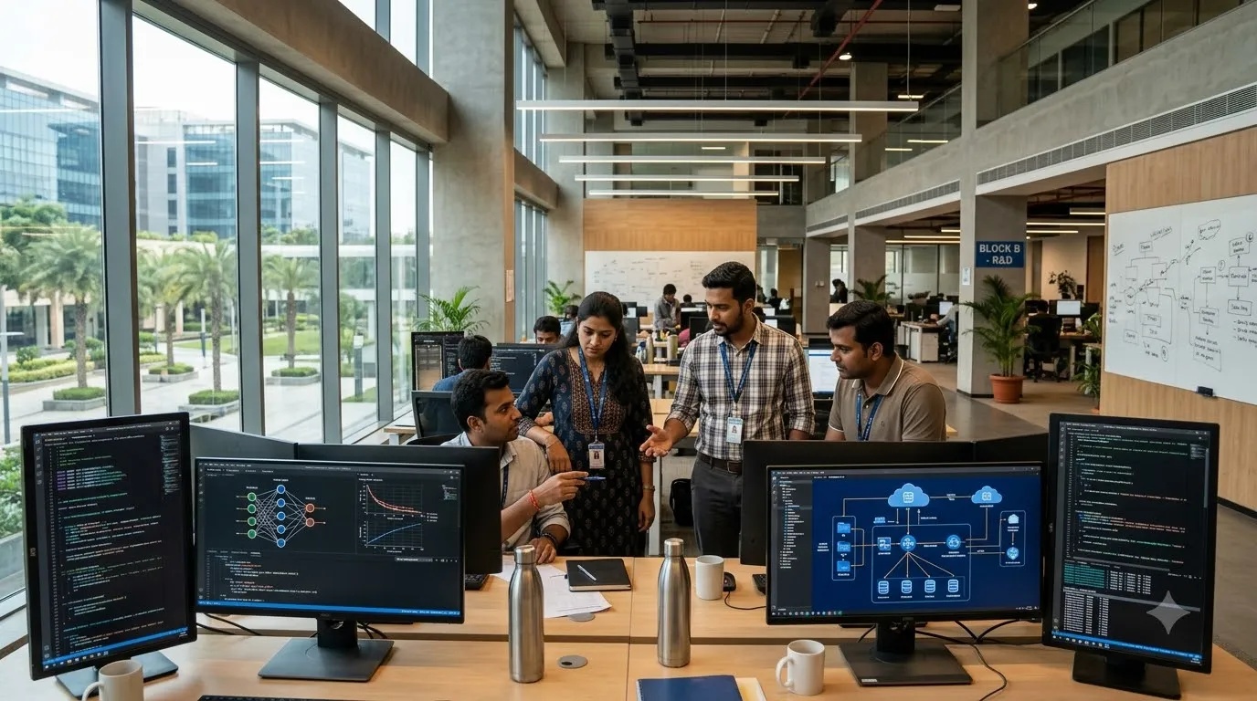 Software developers collaborating in a Tata Consultancy Services modern delivery center on artificial intelligence systems.