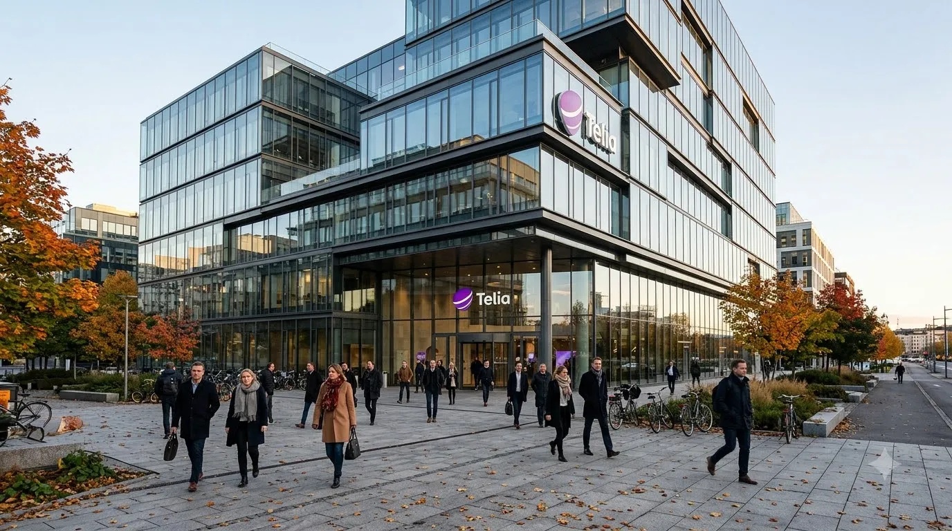 Exterior view of Telia corporate headquarters building in Stockholm, Sweden, with modern glass facade.