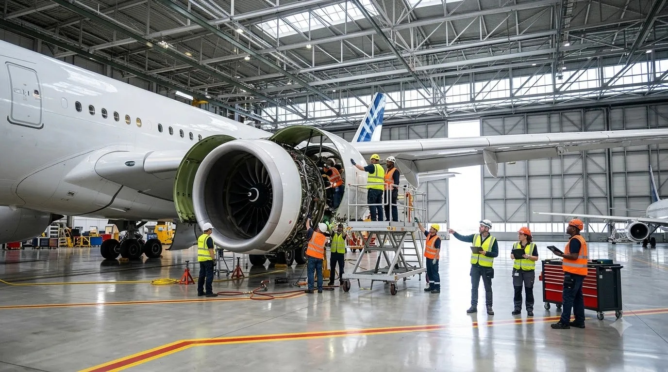 Aircraft maintenance engineers and technicians inspecting the jet engine of an Airbus passenger airliner in a modern maintenance hangar.
