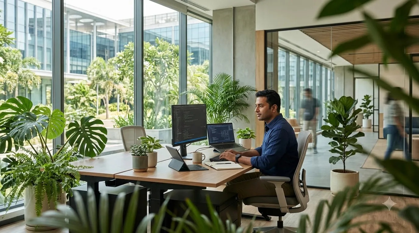 Zoho corporate campus architecture in India featuring sustainable open-air engineering facilities.