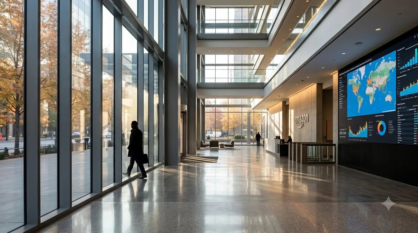 Amazon corporate office entrance with employee holding a laptop walking past digital screens.
