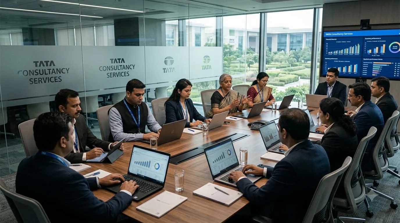 Corporate office interior of Tata Consultancy Services with executive management meeting in progress.