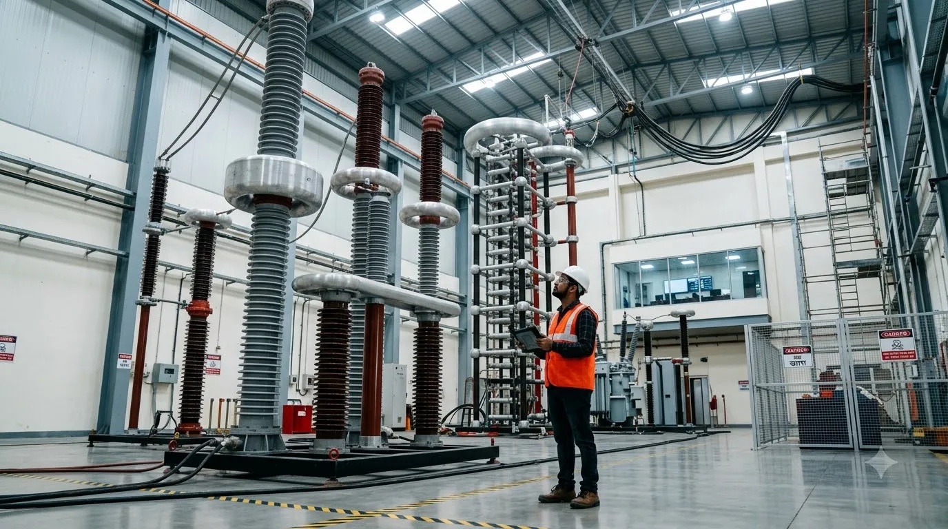 High-voltage electrical testing apparatus and research machinery at the Central Power Research Institute laboratory.