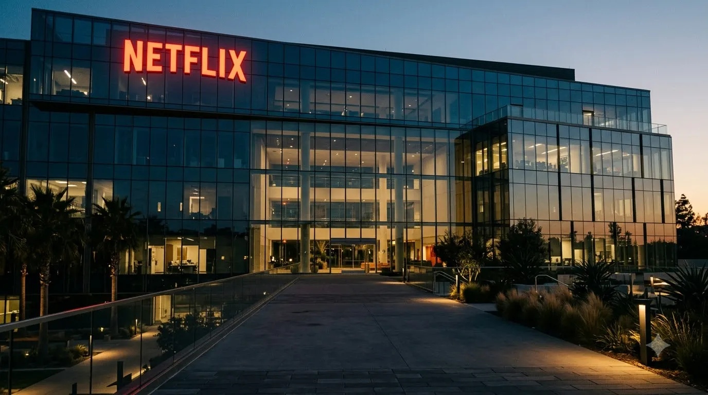 The Netflix brand logo displayed outside an executive corporate campus office.