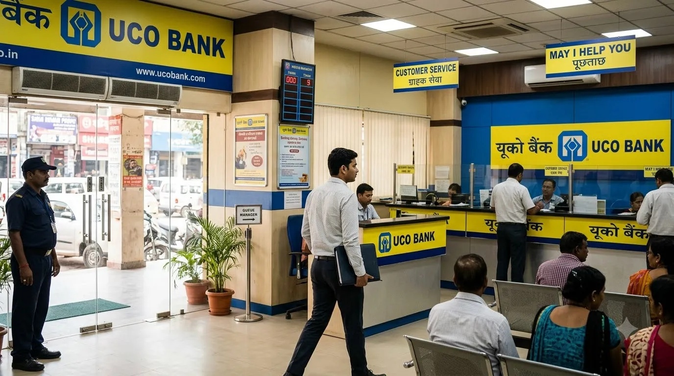 Exterior entrance and signage of a UCO Bank branch office in India.