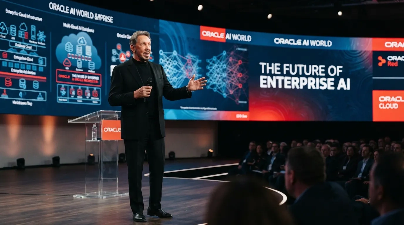 Oracle executive chairman Larry Ellison delivering a keynote address on enterprise AI software architecture.