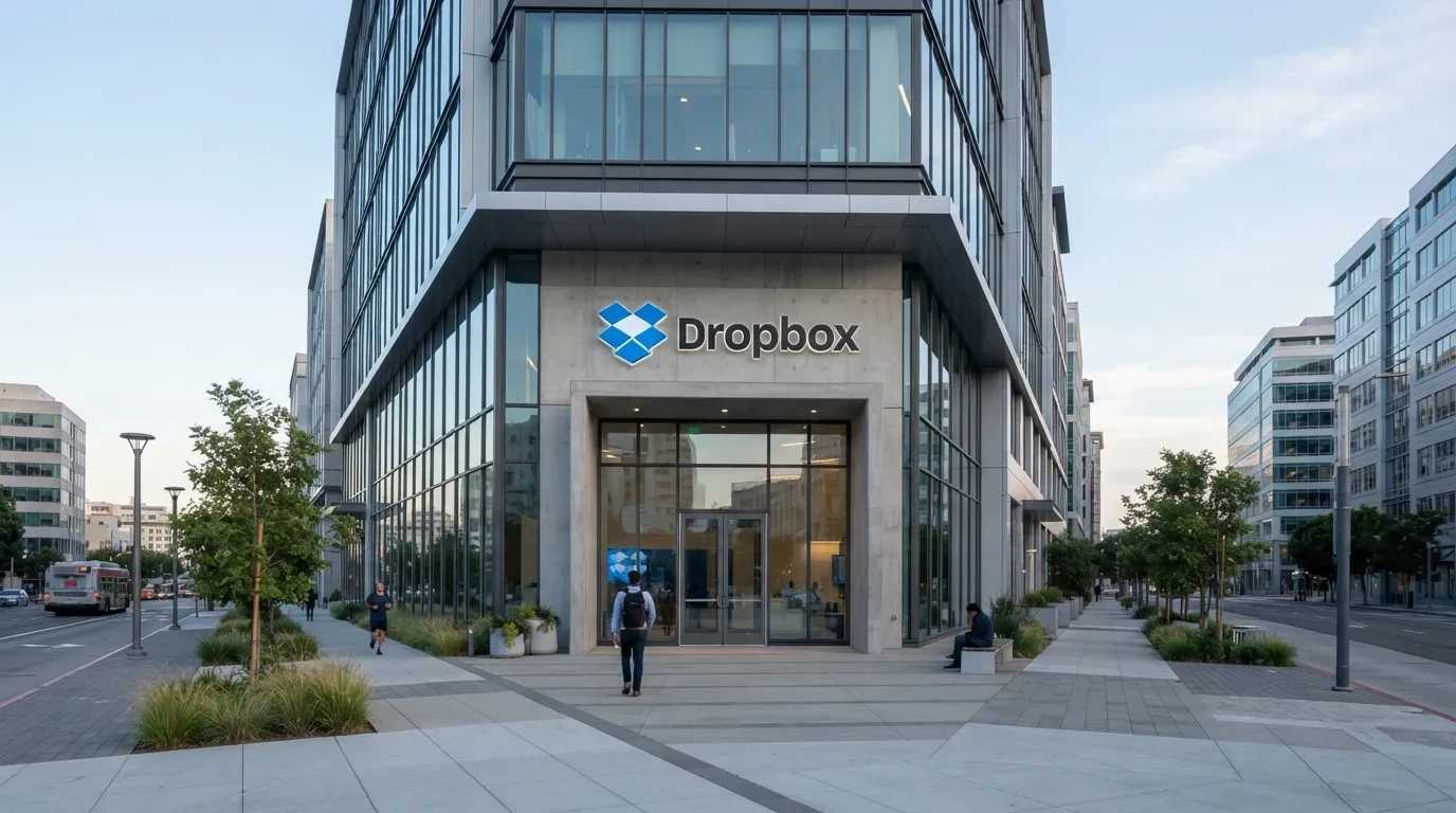 Exterior view of Dropbox corporate headquarters offices featuring the minimalist blue open-box logo on the building facade.