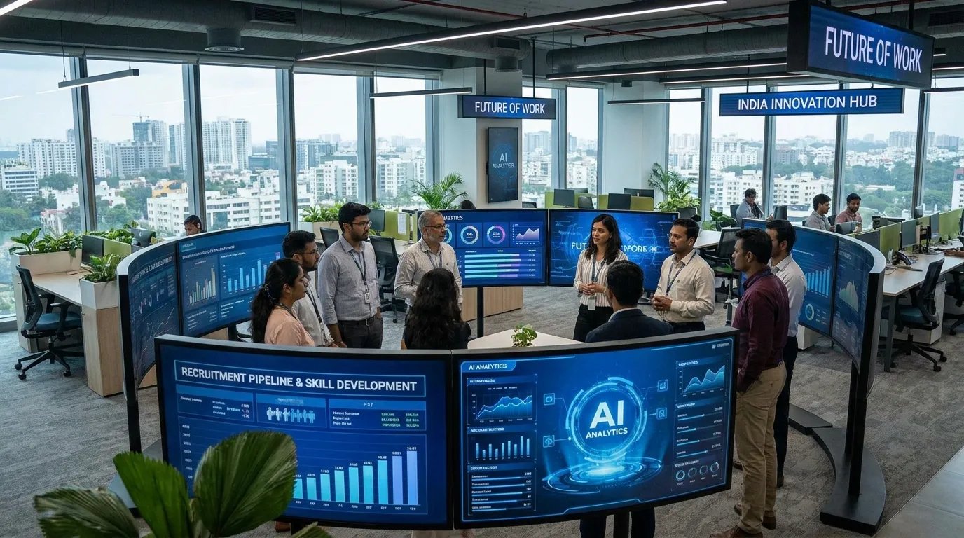Professionals working in a modern technology office discussing AI-driven hiring and digital skills demand.