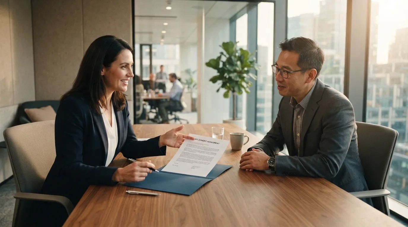 A professional seated in a modern corporate human resources interview room discussing an employment contract and role onboarding.