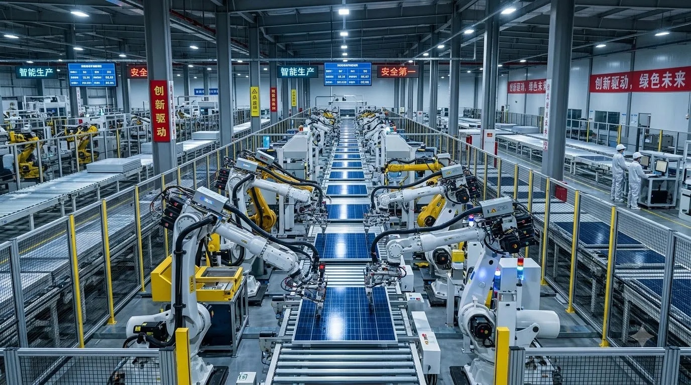 Automated cleanroom assembly line inside a Chinese photovoltaic solar panel manufacturing facility.