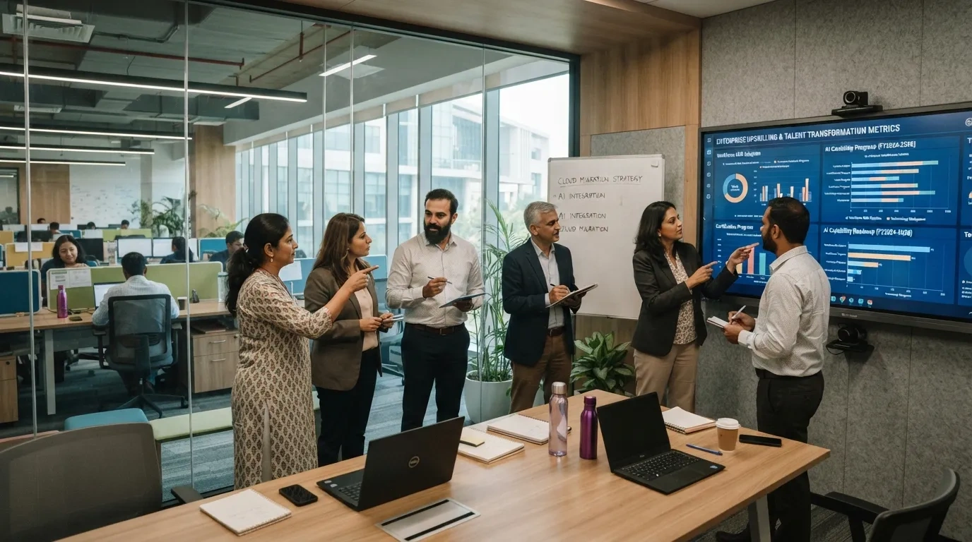 Enterprise technology executives reviewing corporate workforce upskilling analytics and AI talent distribution charts on a glass conference display.