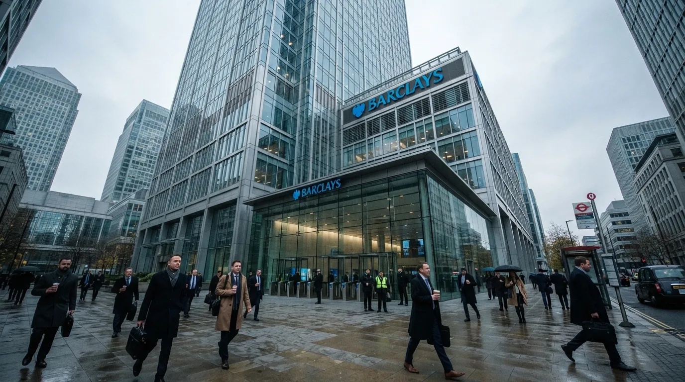 Exterior view of the Barclays global headquarters skyscraper at Canary Wharf in London with the illuminated corporate eagle logo.