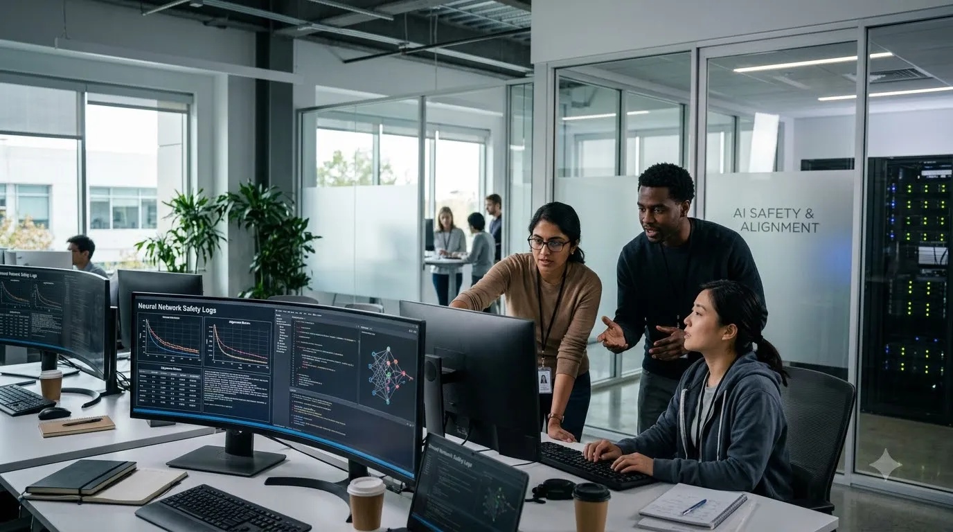 High-tech AI research workstation showing neural network model alignment and safety evaluation telemetry.