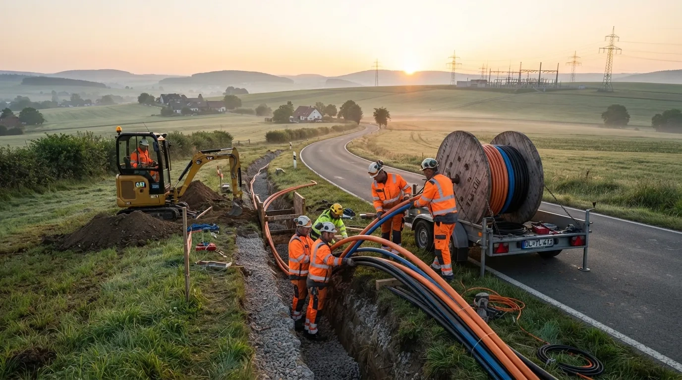 Industrial civil construction crews installing high-density underground optical fibre cabling conduits across a European landscape.