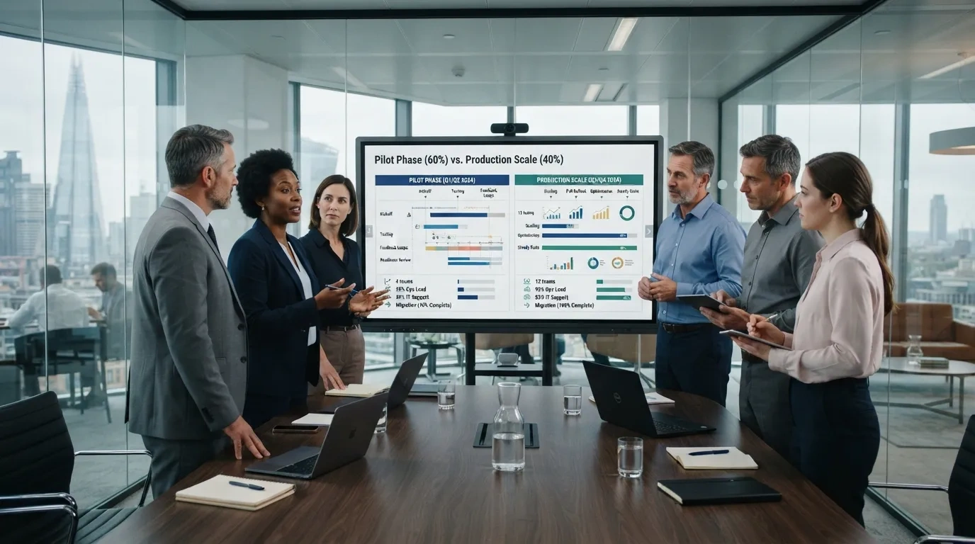 Corporate executives in an enterprise office reviewing AI deployment roadmaps and pilot-to-production conversion metrics on a digital display.