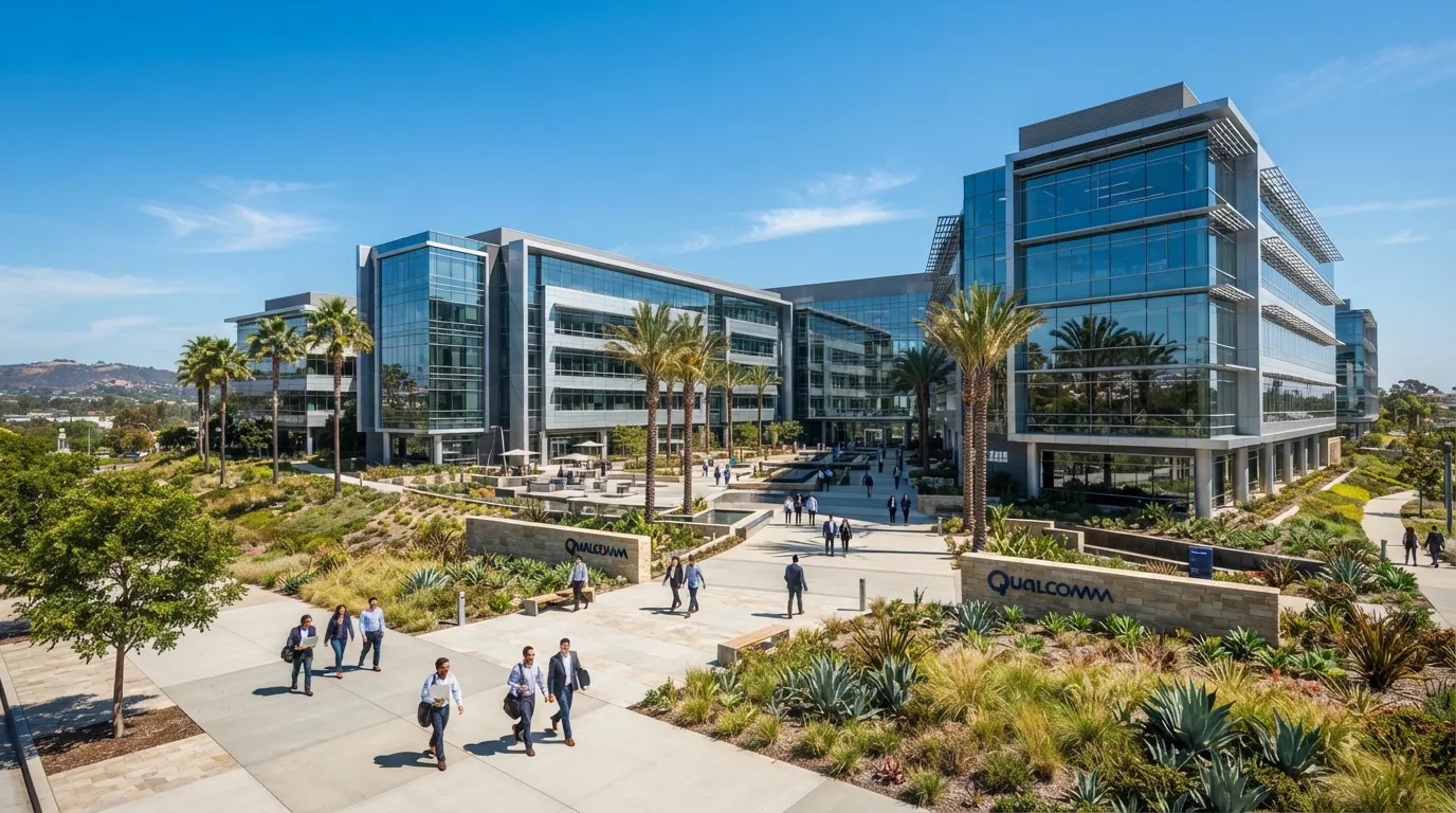 Exterior view of the Qualcomm corporate headquarters and semiconductor engineering campus in San Diego.