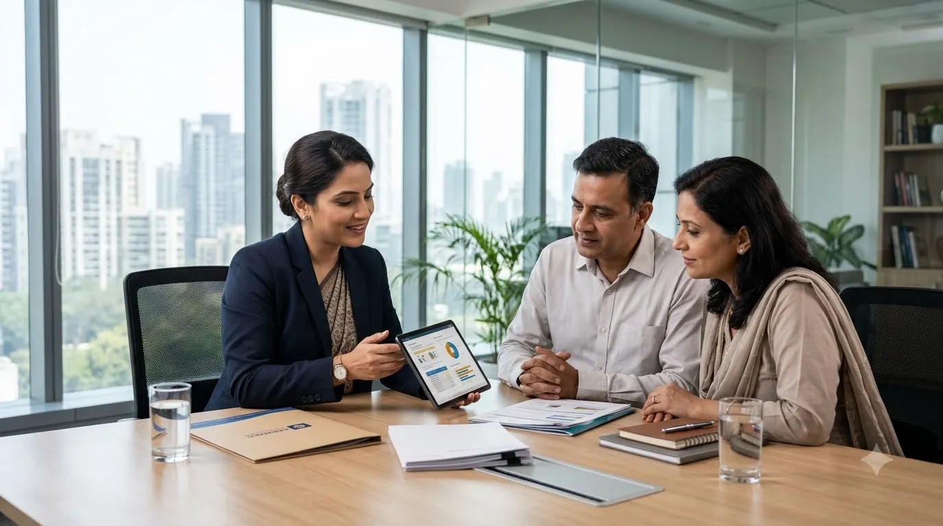 An Indian female financial consultant explaining life insurance portfolio documents to a family across a consultation desk.