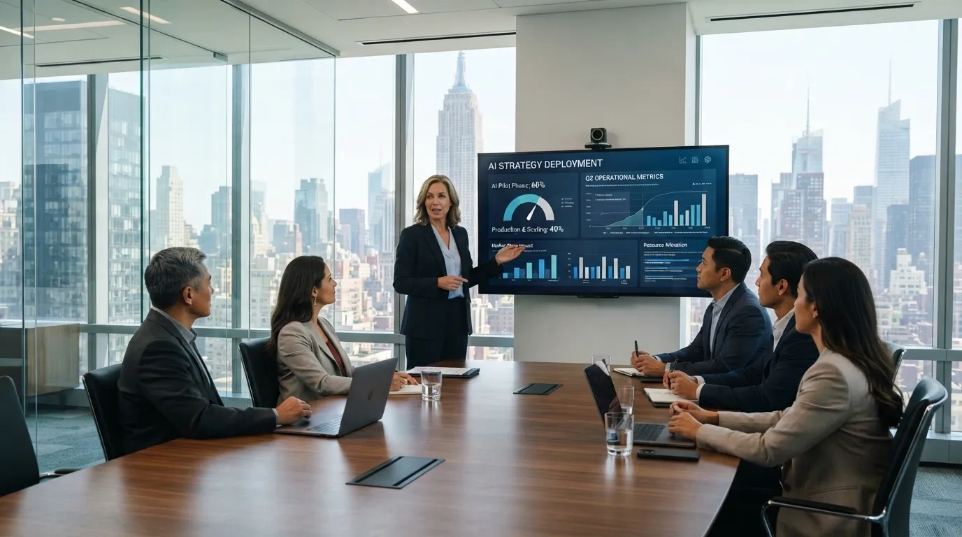 Enterprise business analysts in a corporate conference room analyzing AI implementation metrics and operational deployment charts on digital wall displays.