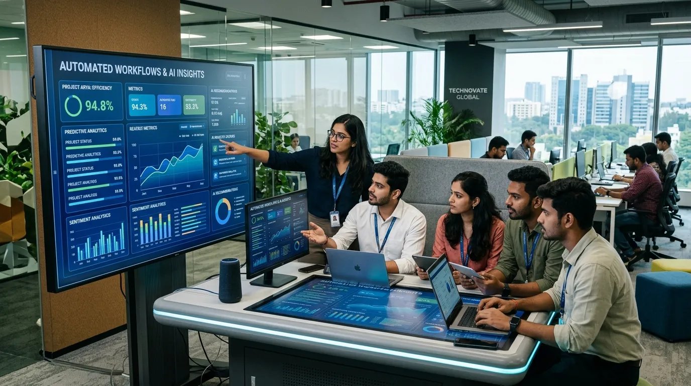Young professionals collaborating with AI-powered workplace tools while monitoring automated workflows in a modern office environment.