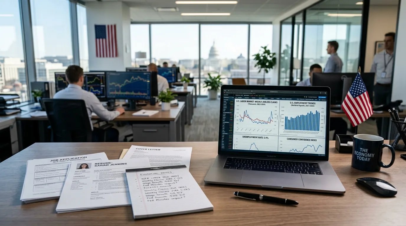 A person reviewing U.S. employment statistics alongside a laptop displaying labor market data.