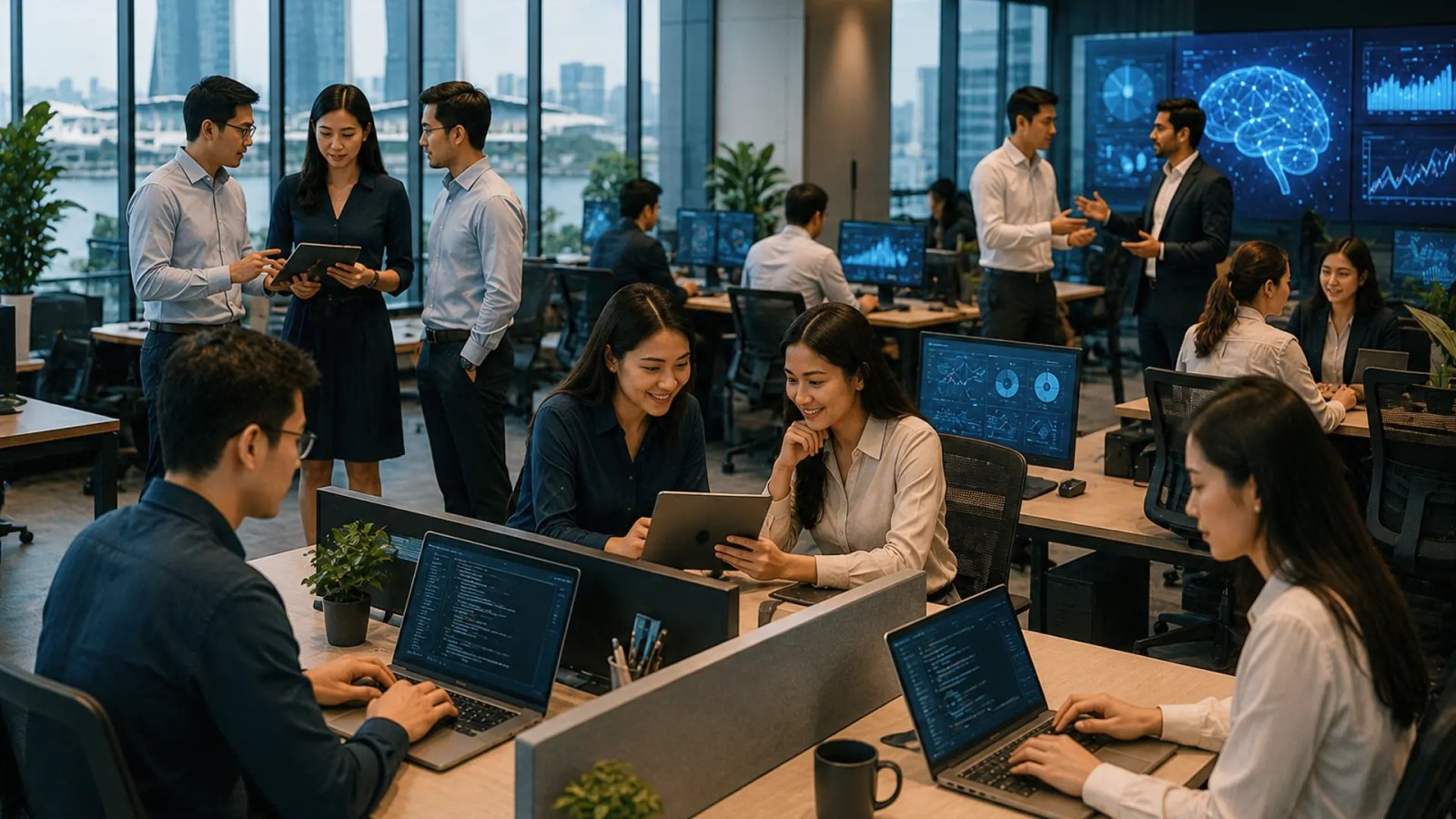 Professionals working in a modern fintech office, representing AI-driven innovation and growing hiring demand in Singapore's financial technology sector.