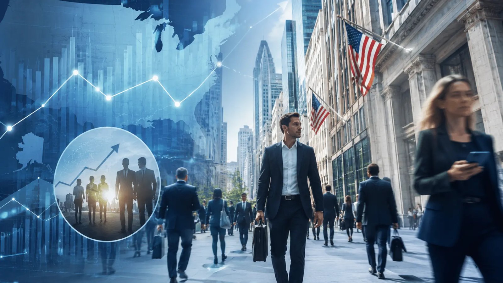 People walking through a busy commercial district in the United States, representing activity in the country's services sector.