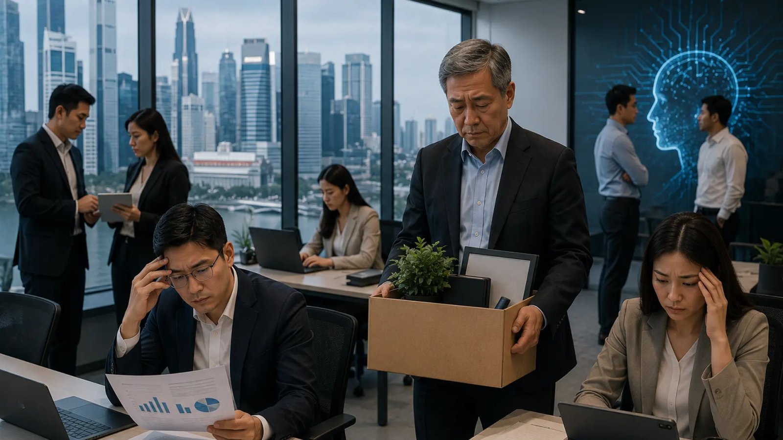 Office professionals working in a modern corporate environment as companies restructure workforce operations in Singapore.