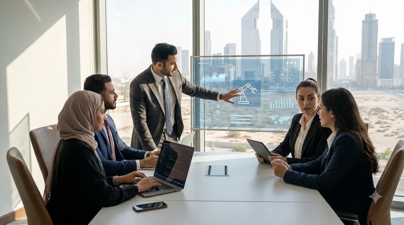 Professionals in a modern GCC workplace using AI technology while collaborating on work tasks