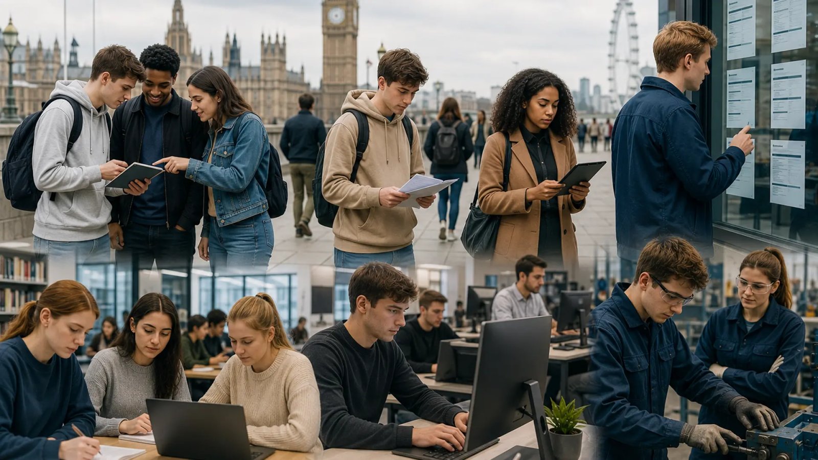 Young UK workers and students in a modern city setting representing employment, education and career opportunities.