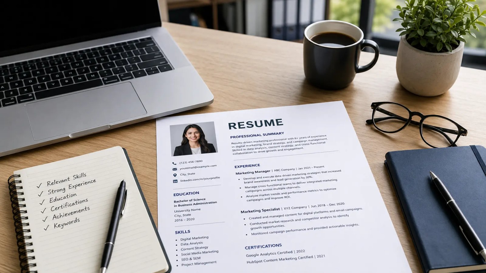 Resume document on a desk with hiring and recruitment concepts representing job application best practices.