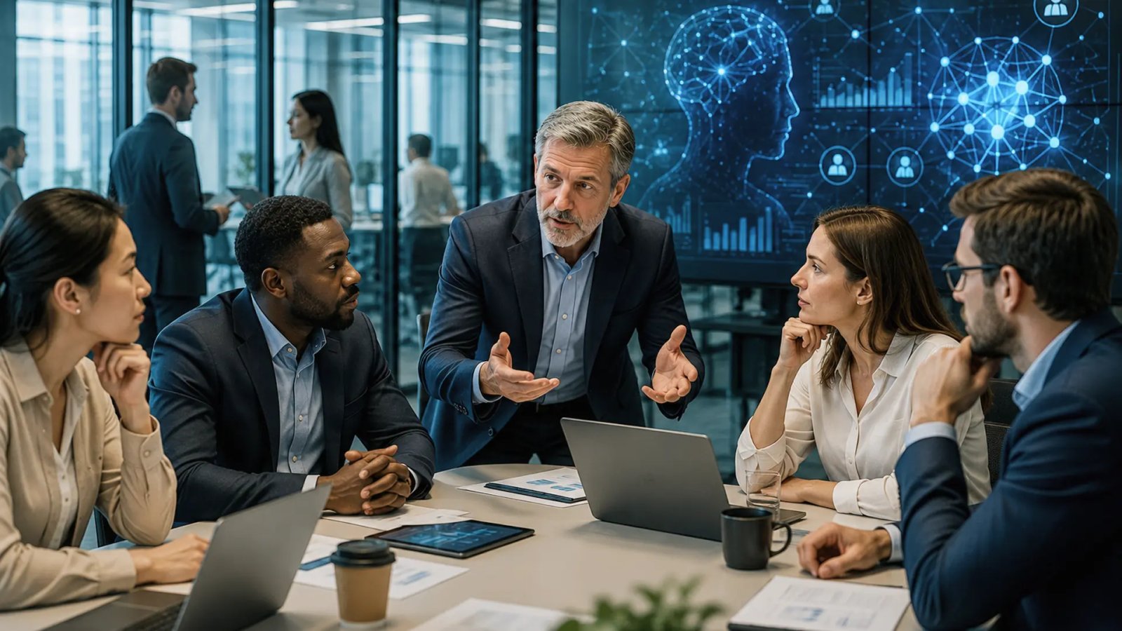 Business leaders and employees in a modern workplace discussing artificial intelligence, workforce changes and job security.