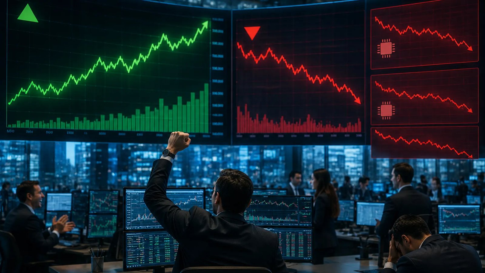 Electronic stock market display showing mixed performance, with the Dow rising to a record close while technology stocks decline.