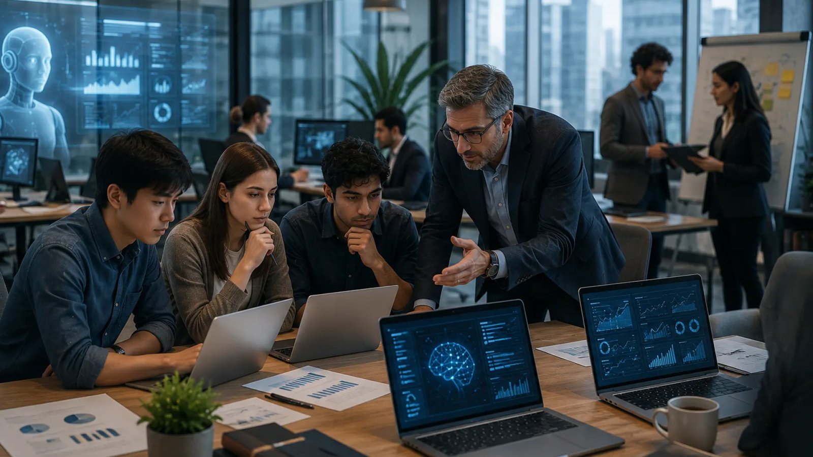Young professionals working together in a modern office while using AI-powered software on laptops.