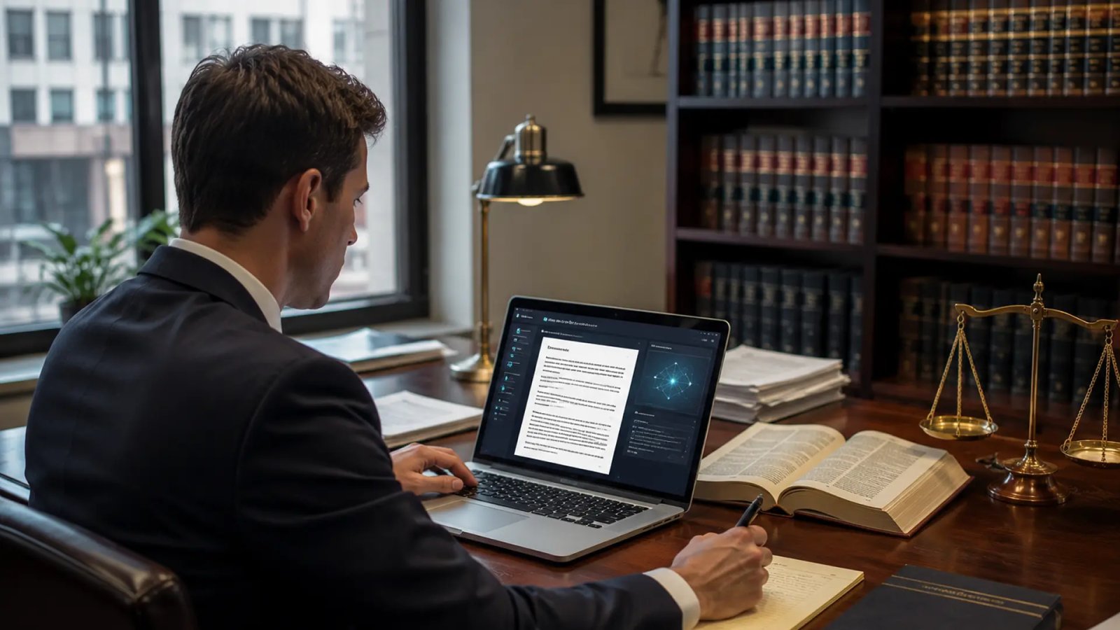 A lawyer working on a laptop with AI-powered legal research tools displayed on the screen.