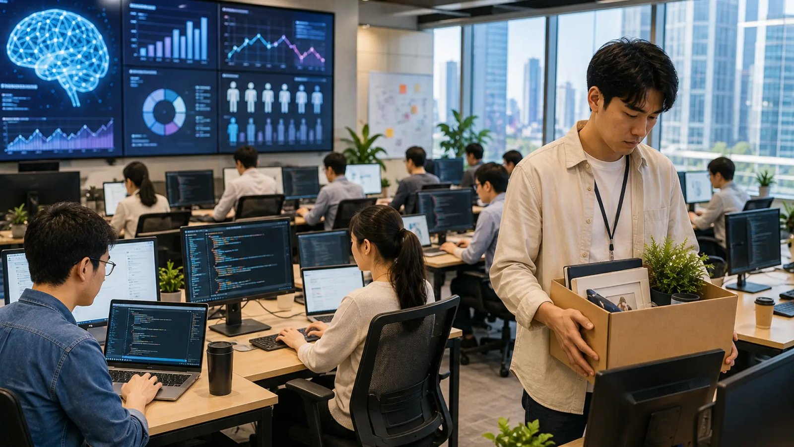 Software professionals in China facing an AI-driven transformation of the technology industry, with developers working alongside advanced AI coding systems and employment data displayed on digital screens.