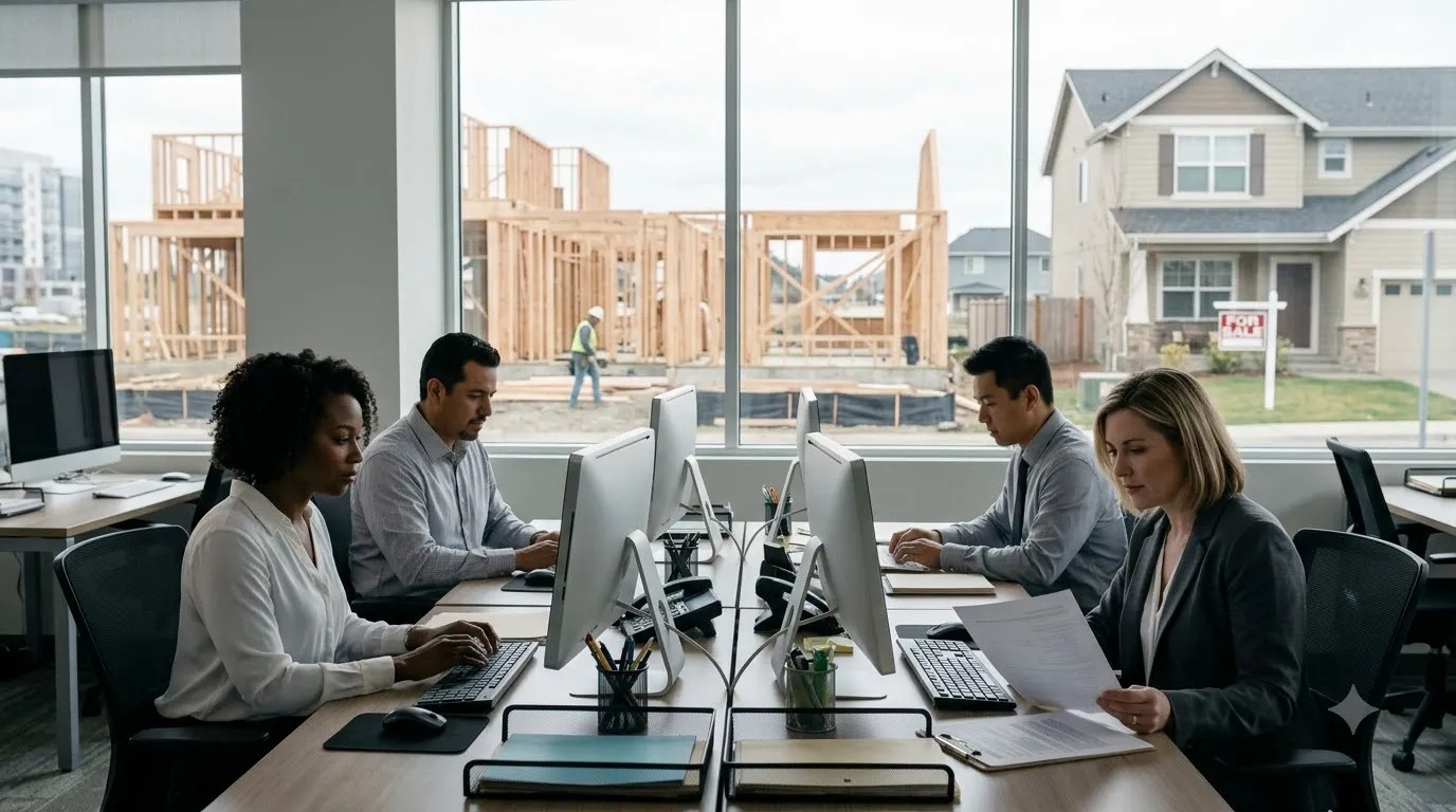 US workers in a modern workplace alongside a visual representation of mortgage rates and housing construction activity