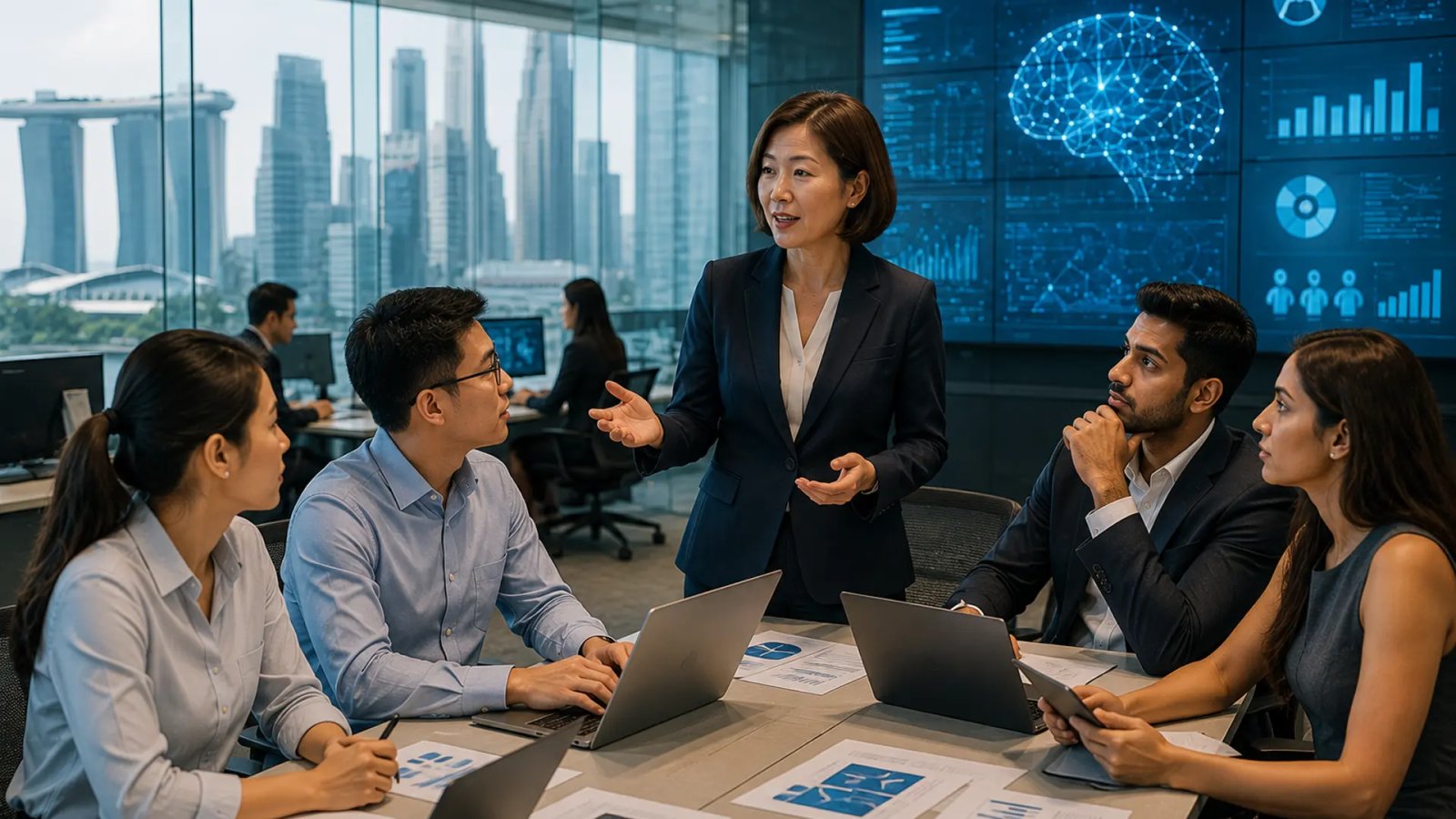 Professionals in a modern banking workplace using artificial intelligence tools and digital technology to support work and career development.